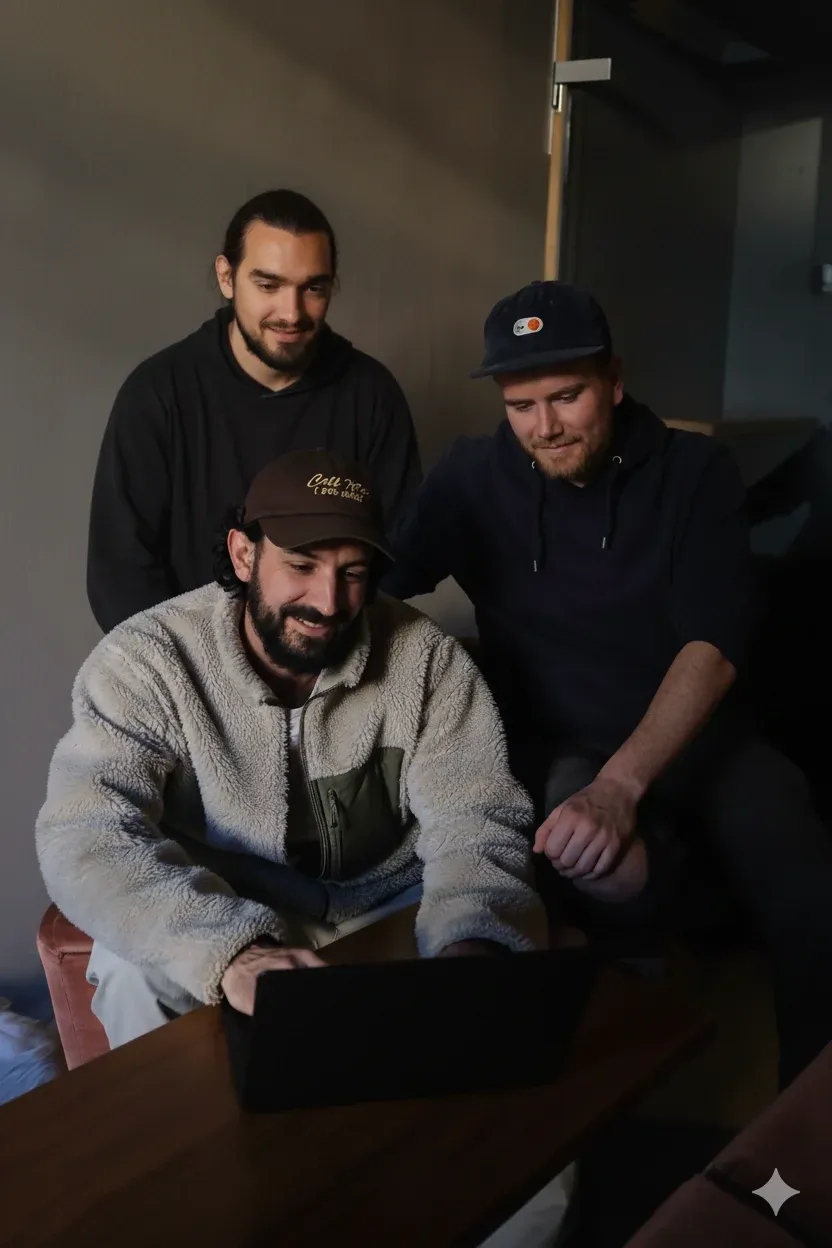 Die T-0 Crew arbeitet gemeinsam an einem Laptop