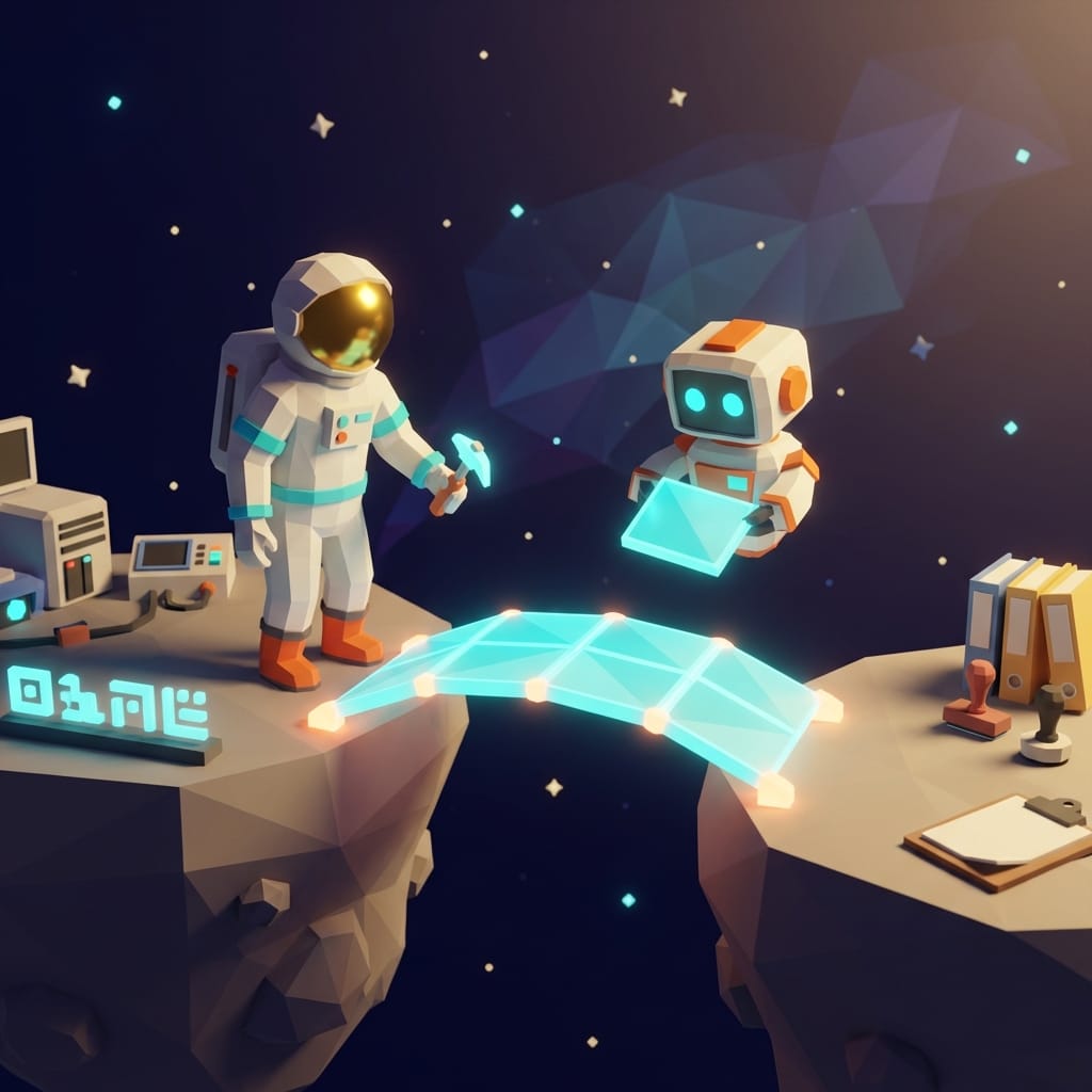 Astronaut und Roboter bauen eine leuchtende Brücke zwischen Tech-Welt und Büro-Welt