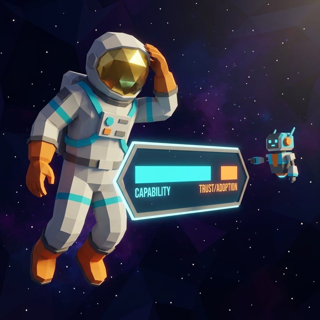 Der Deployment Overhang: Astronaut und Roboter betrachten die Lücke zwischen Capability und Adoption