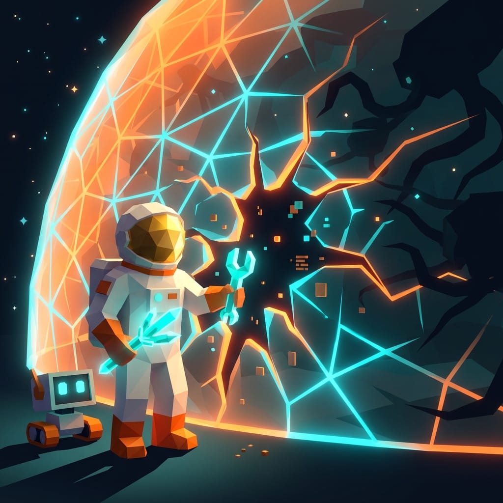 Astronaut und Roboter reparieren Riss in einem Schutzschild, während Bedrohungen durchbrechen